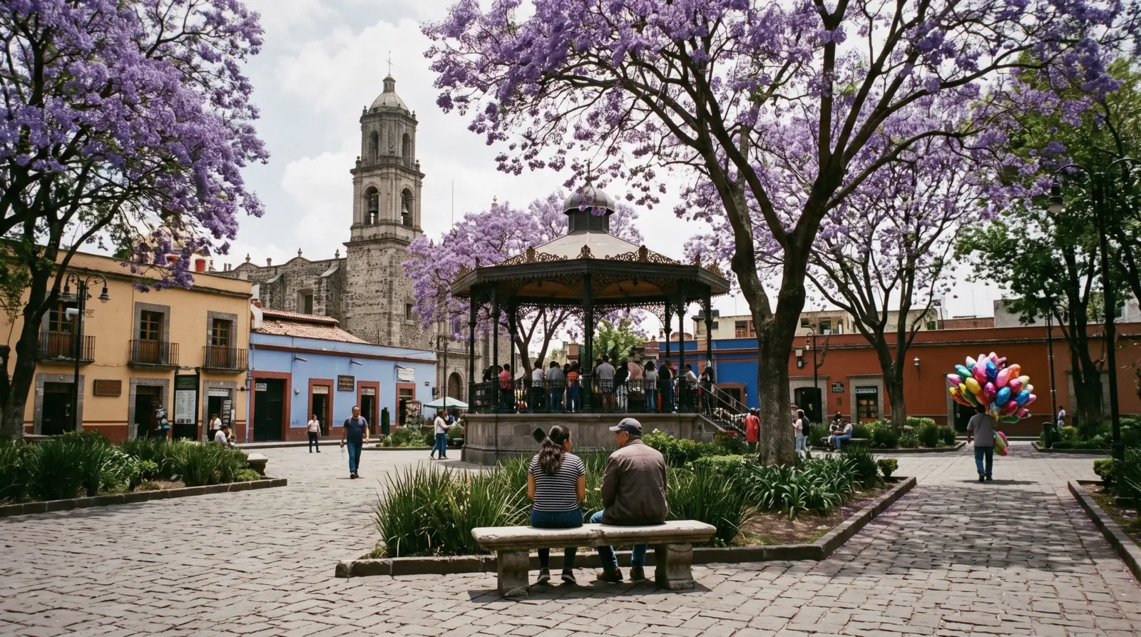 The kiosk and jacaranda trees of the Jardín Centenario in Coyoacán, Mexico City