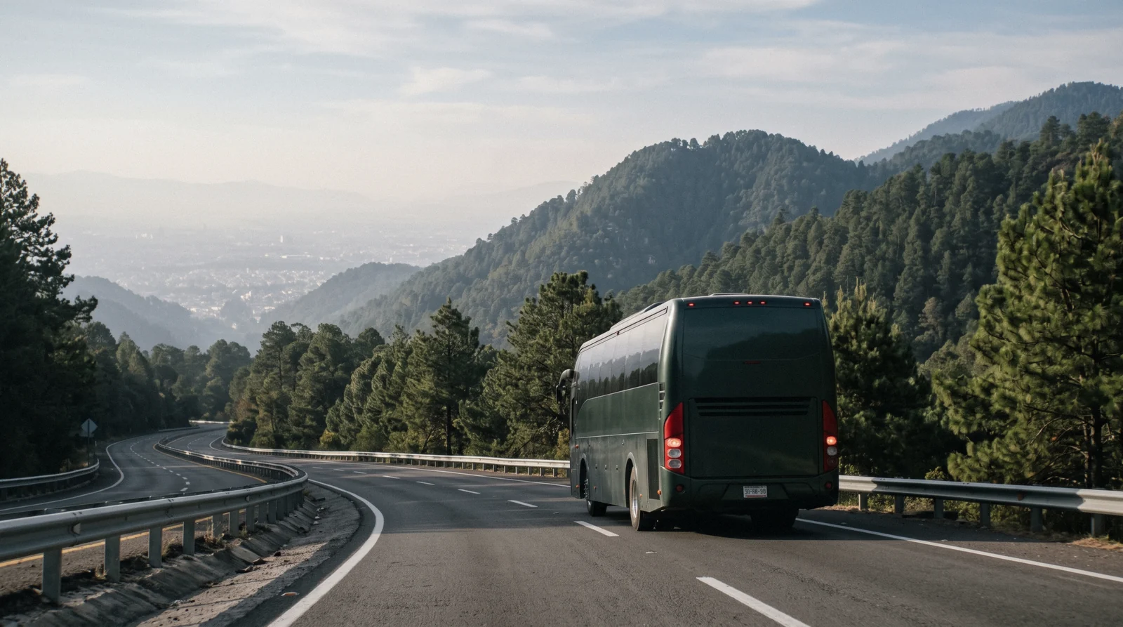 A first-class coach on the motorway out of the valley, day trips from Mexico City