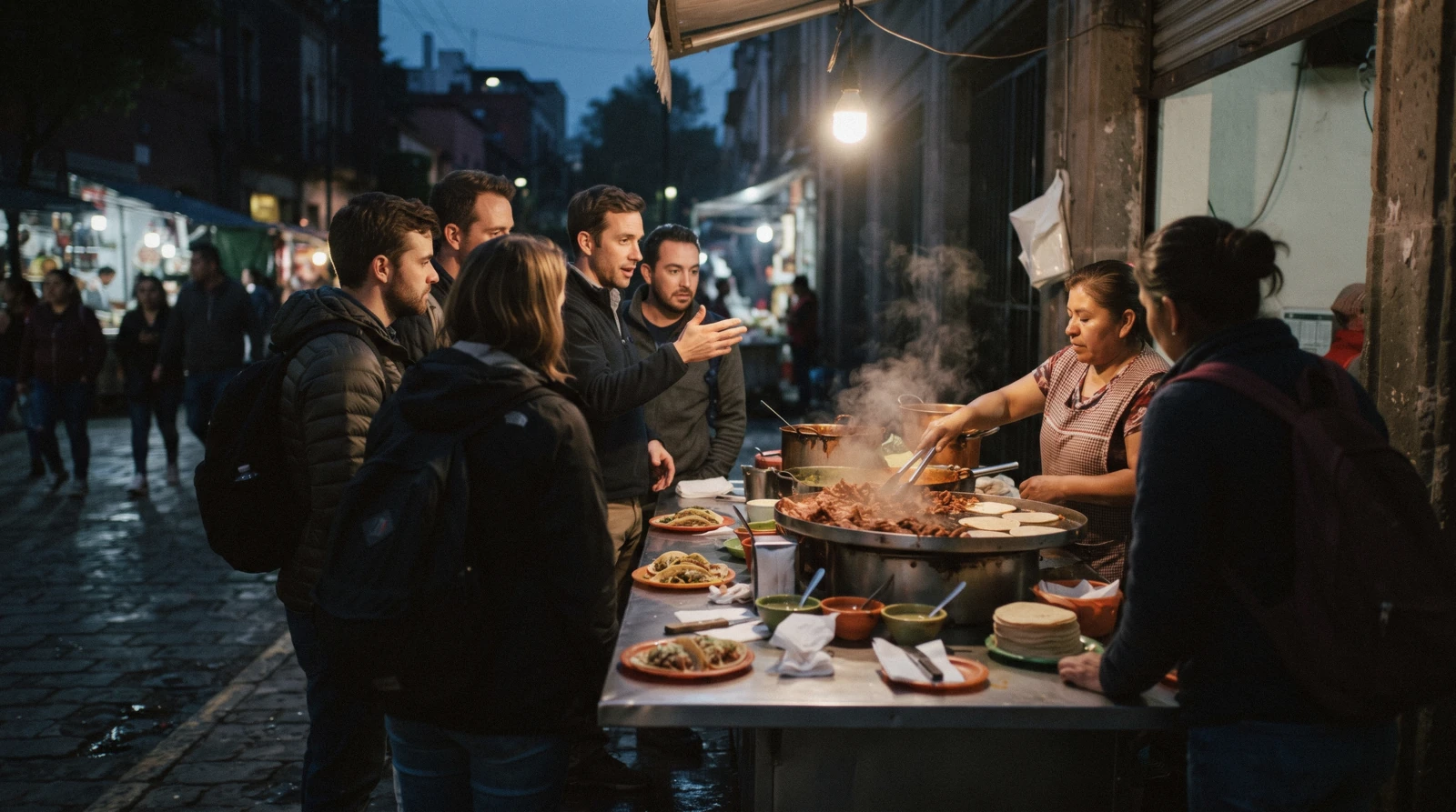 A small group at a street food counter with a guide explaining the dishes, a food tour in Mexico City