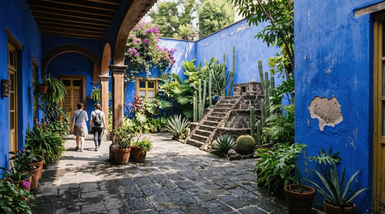 The blue courtyard walls and green garden of the Museo Frida Kahlo, the Casa Azul in Coyoacán, Mexico City