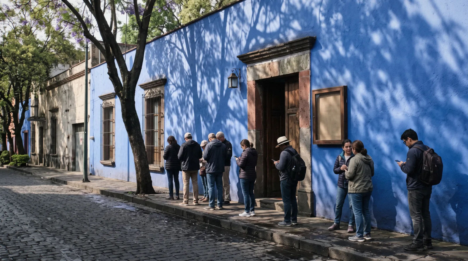The cobalt-blue wall and ticket entrance of the Casa Azul on Calle Londres in Coyoacán, where Frida Kahlo Museum tickets are checked, Mexico City