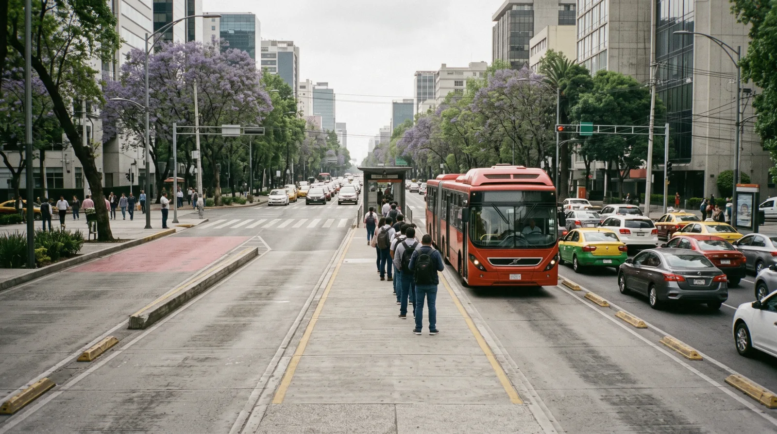 A Metrobús articulated bus in its own lane on Avenida Insurgentes, getting around Mexico City