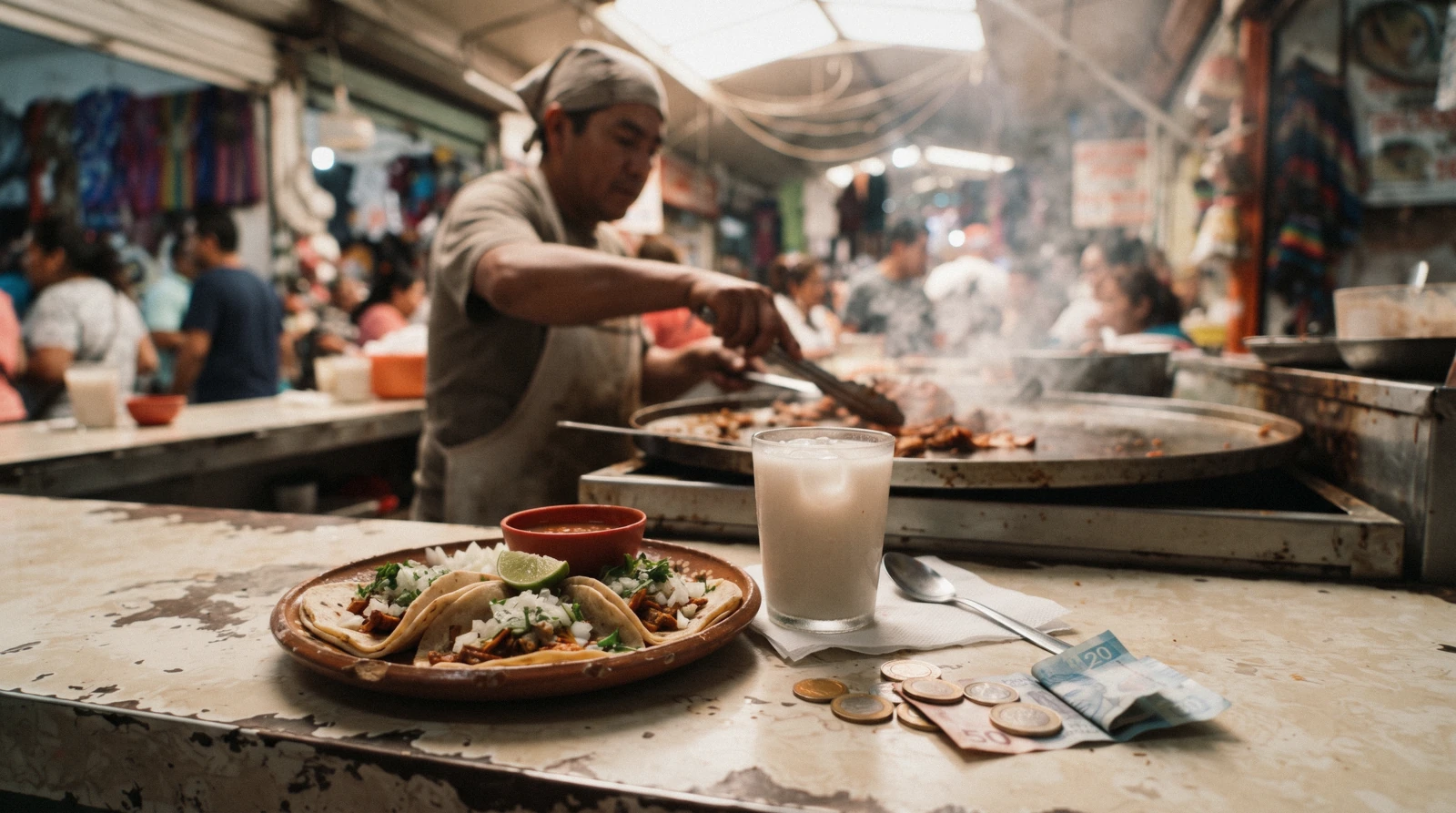Mexican peso notes and coins on a market counter beside a plate of tacos, the cost of a day in Mexico City