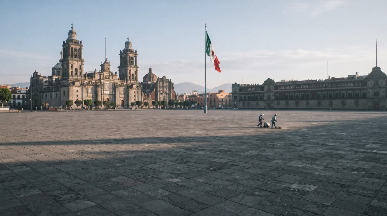 Early morning on the empty Zócalo at the start of one day in Mexico City