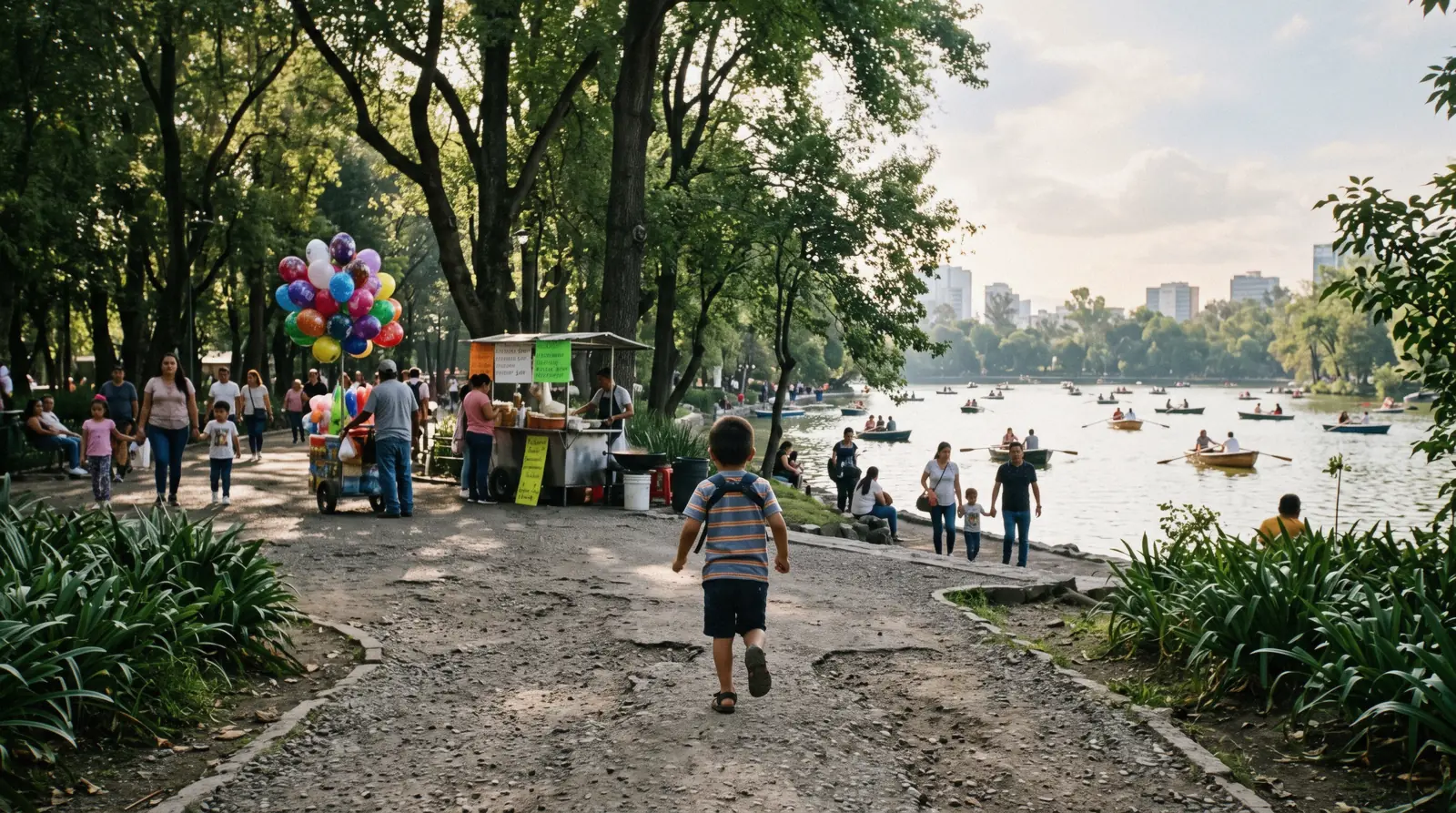 Families and balloon sellers in a park on a Sunday, Mexico City with kids