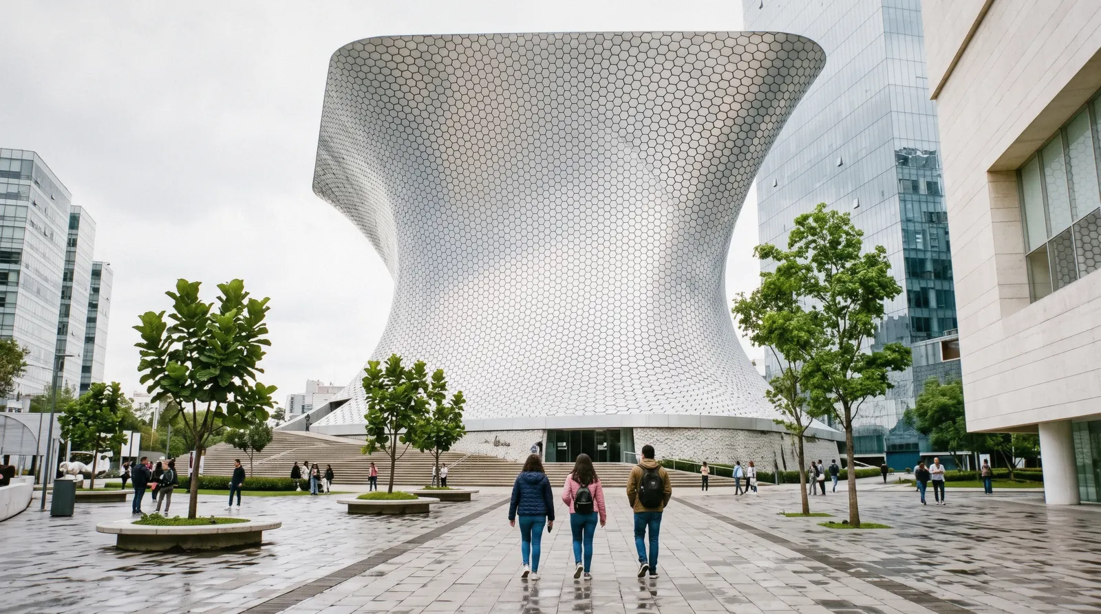 The curved silver-tiled hull of the Museo Soumaya at Plaza Carso in Nuevo Polanco, Mexico City