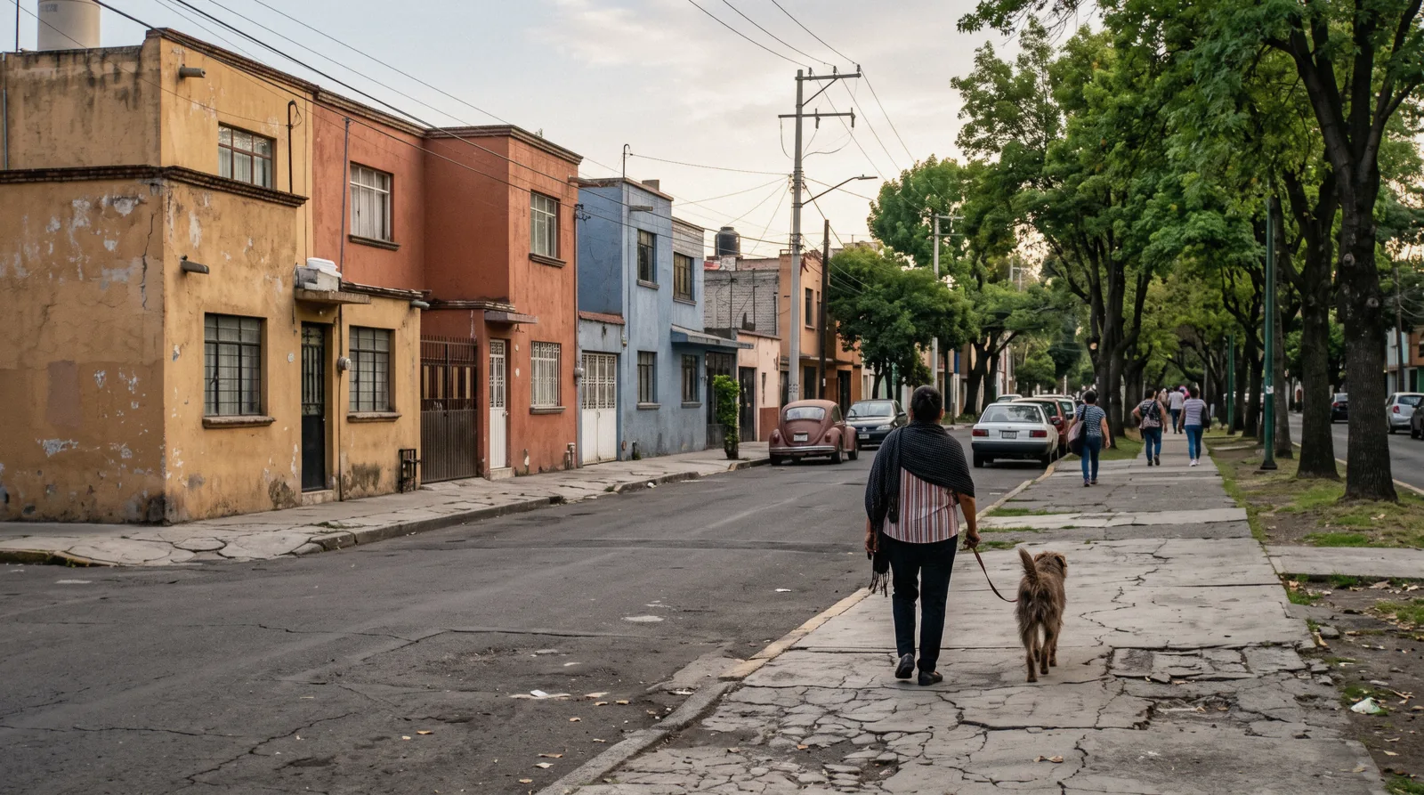 A corner of low painted houses and a tree-lined street, the neighbourhoods of Mexico City