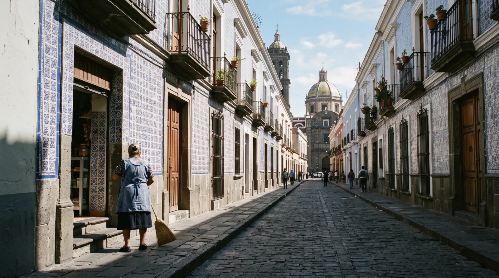 Talavera-tiled colonial facades on a street in the historic centre of Puebla, a day trip from Mexico City