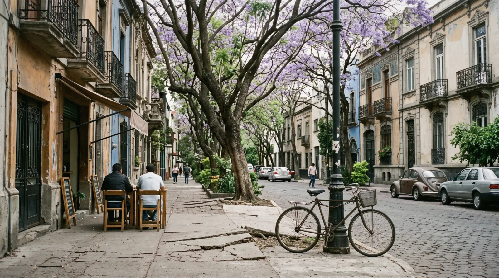 A tree-lined street of Art Deco buildings and pavement cafés in Roma Norte, Mexico City