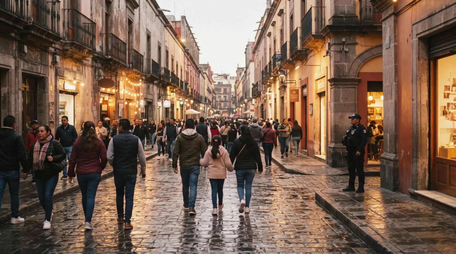 A busy pedestrian street in the Centro Histórico in the evening, safety in Mexico City