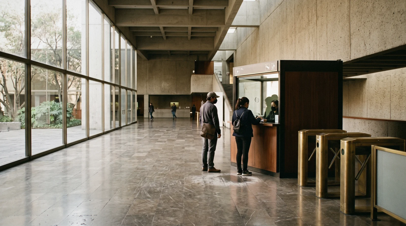 A ticket window and turnstiles at a federal museum in Mexico City, where museum tickets are checked