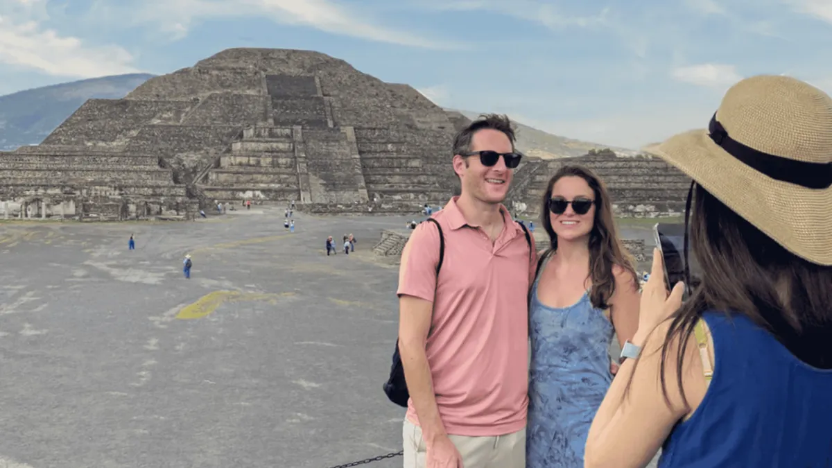 Early morning light on the Pyramid of the Moon before the crowds on a Teotihuacán early-access tour from Mexico City