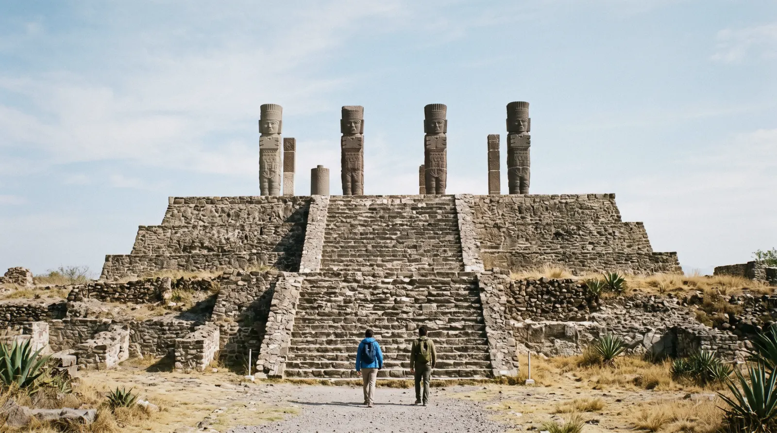 The four Atlantean warrior columns on the pyramid at Tula, a day trip from Mexico City