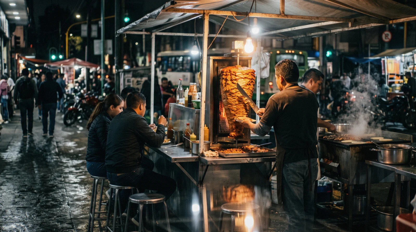 Tacos al pastor coming off the vertical spit at a street stand at night, eating in Mexico City