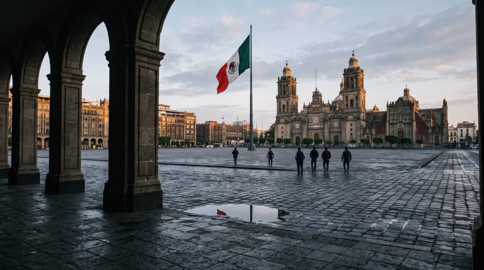 The vast paved Zócalo square with the Metropolitan Cathedral on its north side, Mexico City